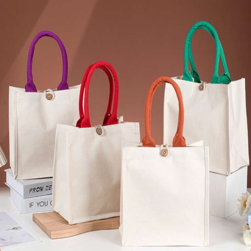 Beg Tote Kanvas Pemegang Kontras dengan Butang Kayu