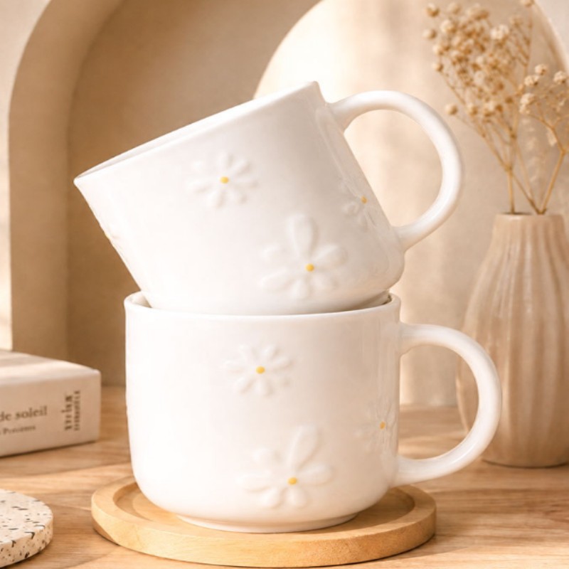 Mug Kopi Seramik Daisy Timbul