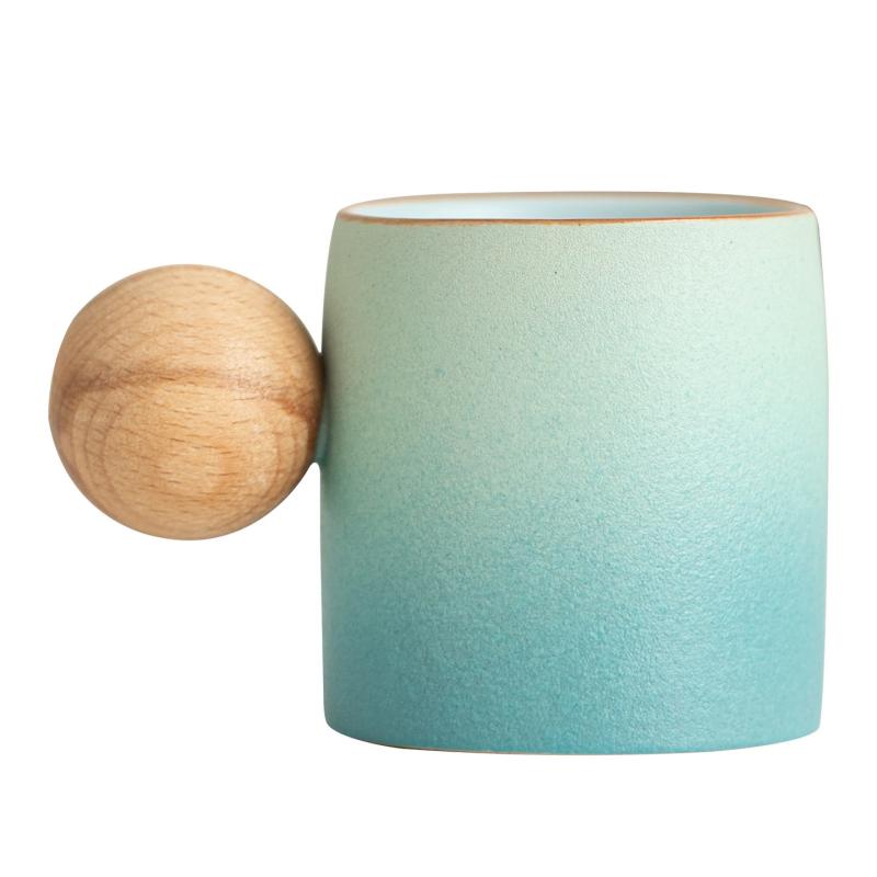 Ceramic Ceramic Mug Wooden Ball Handle Untuk Hadiah Rumah