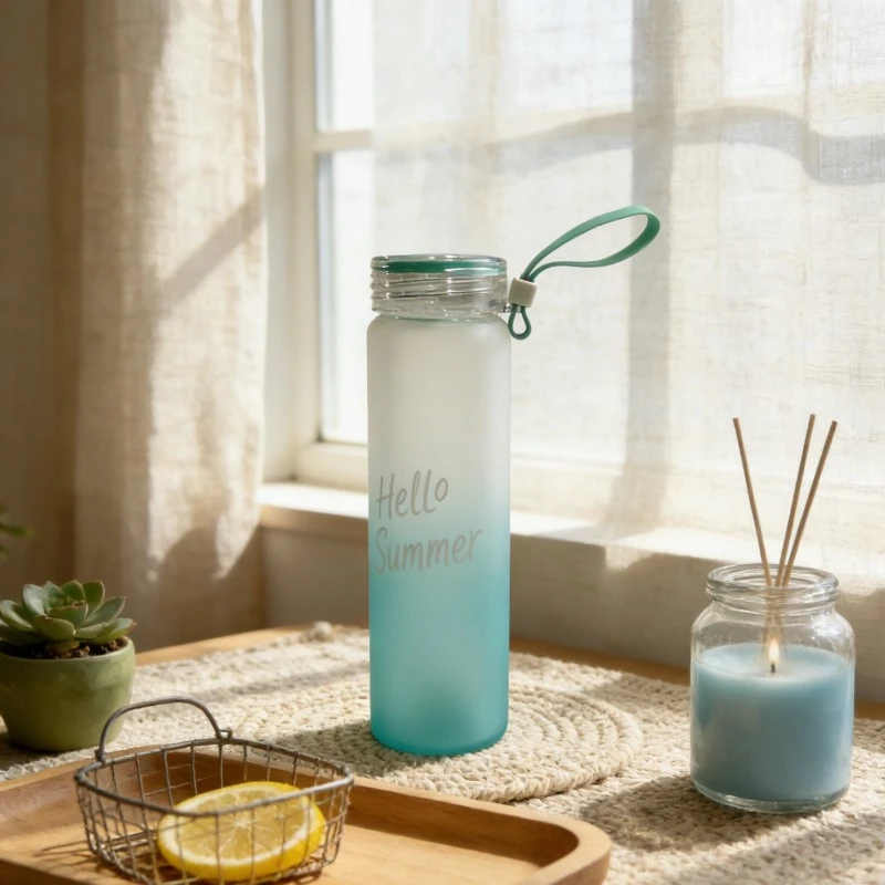 Gradient Frosted Slim Glass Water Bottle With Silicone Carry Strap