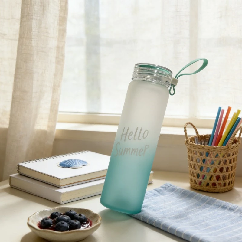 Gradient Frosted Slim Glass Water Bottle With Silicone Carry Strap