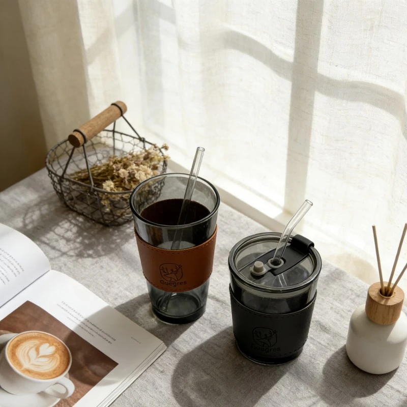Tinted Glass Tumbler Set With Removable Leather Sleeves