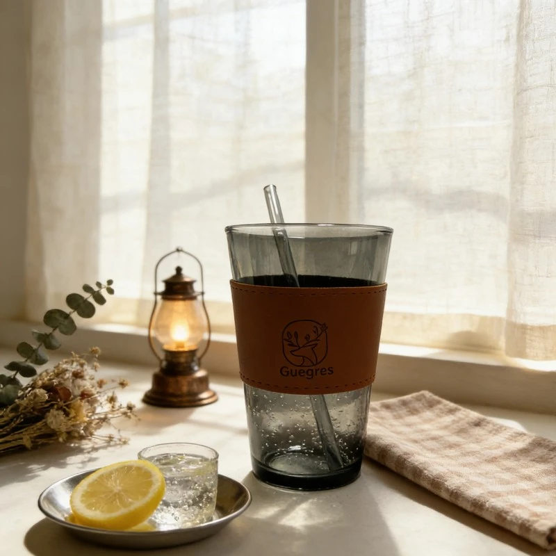 Tinted Glass Tumbler Set With Removable Leather Sleeves