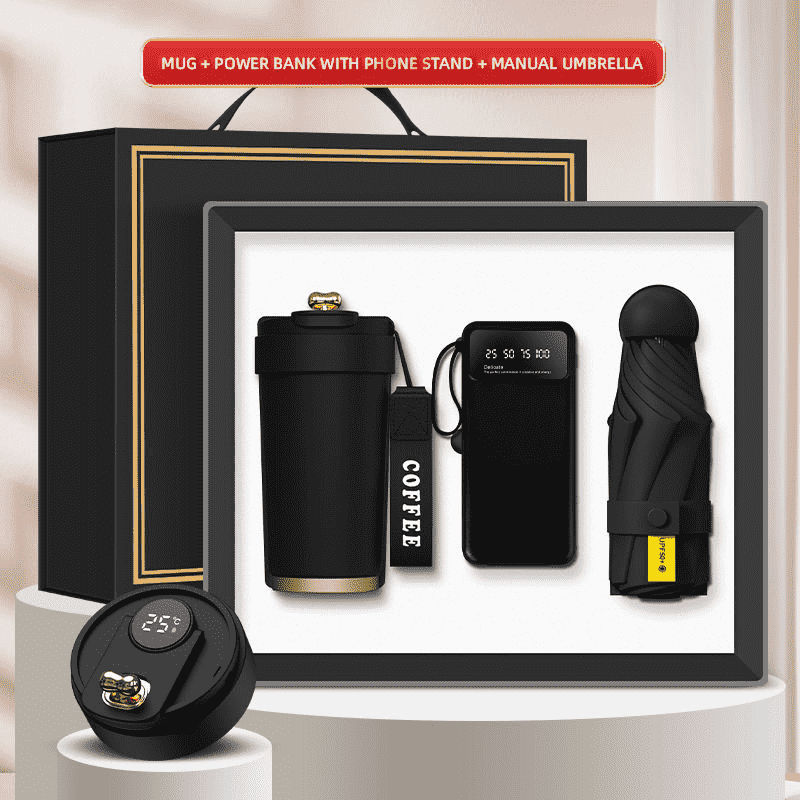 Logo Tersuai 3-dalam-1 Kotak Hadiah Mug Power Bank Mini Payung