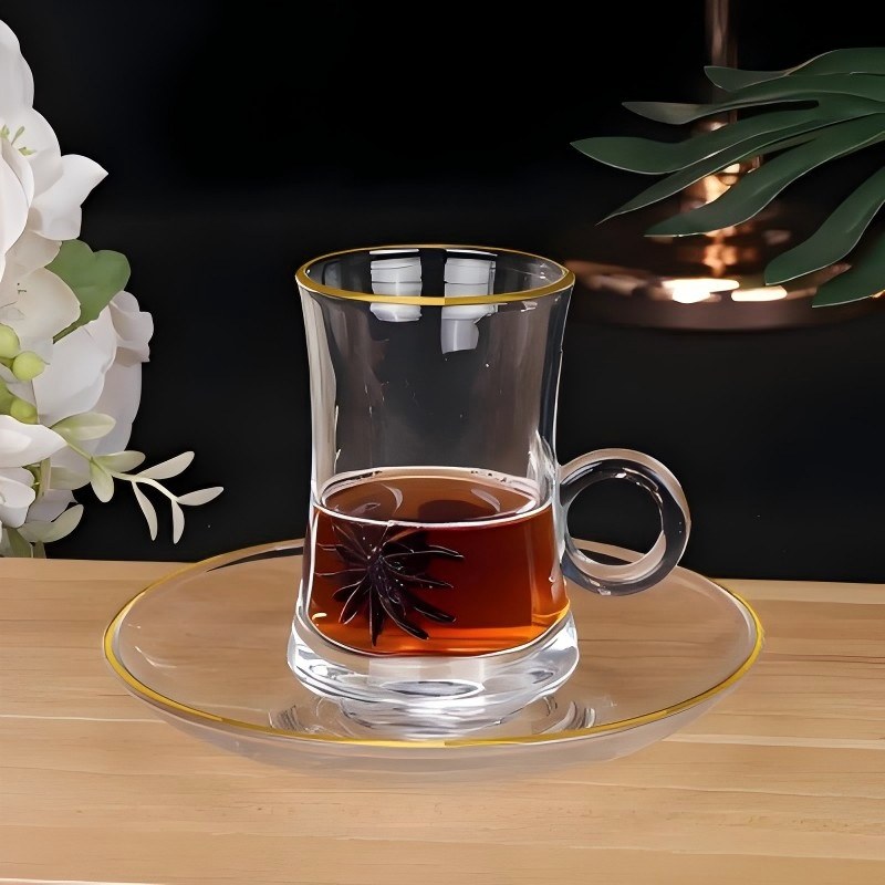 Cawan Teh Kaca Pemegang Cincin Bercetak Vintage